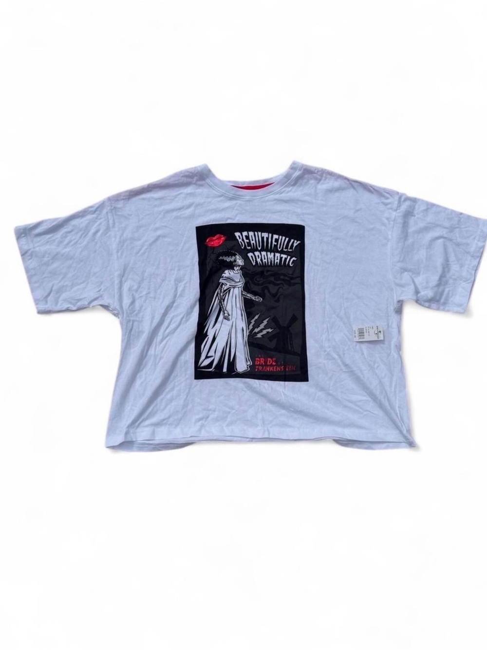 Universal White Graphic Crop Tee with Bride of Frankenstein Black and Red Print